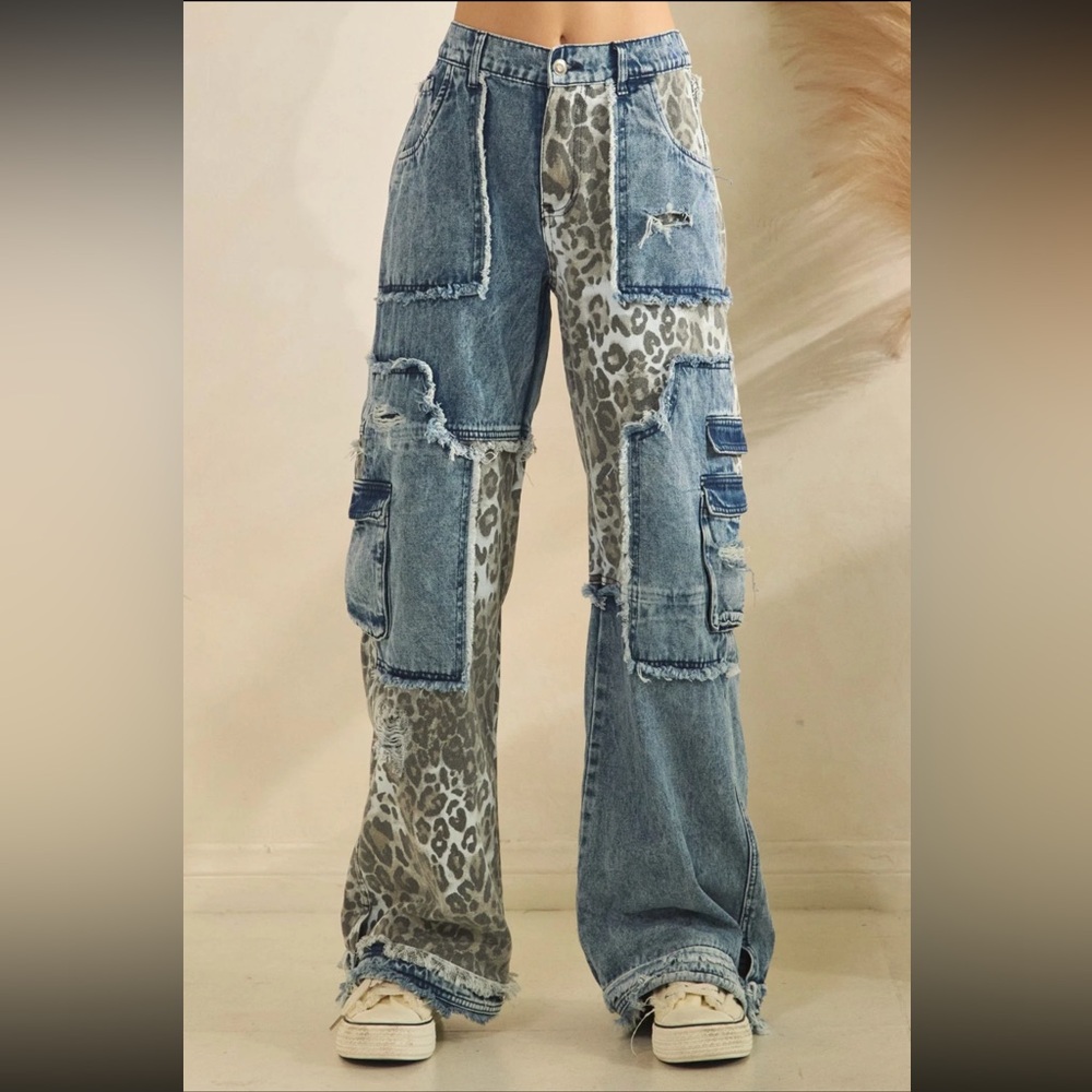 Patchwork Leopard Cargo Boyfriend Jeans - image 2